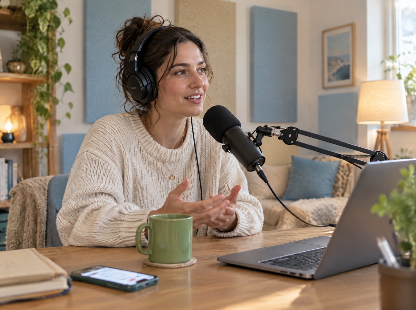A podcaster records an episode with a microphone and headphones in a cosy studio