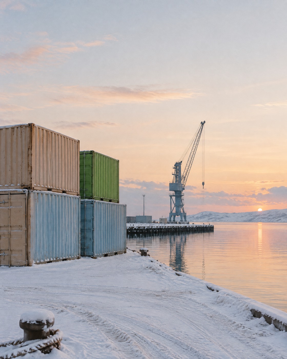 Shipping containers stacked at a harbour at dawn with a crane