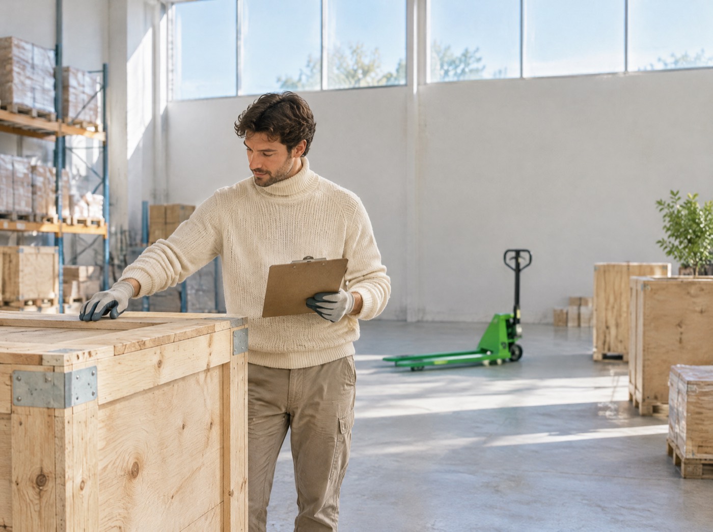 A trader checks a wooden shipping crate with a clipboard in a warehouse