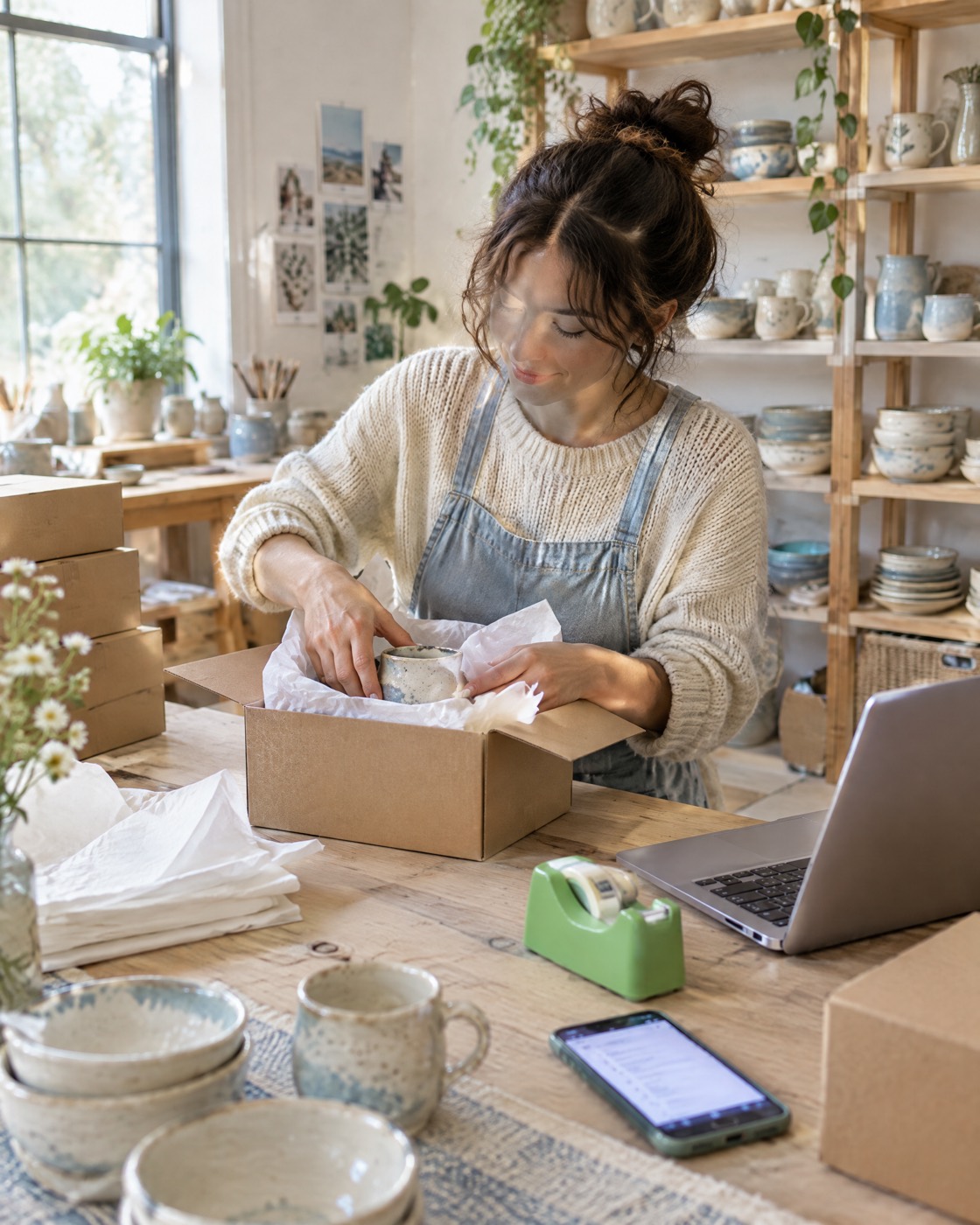 An online seller packs orders in her bright home workshop
