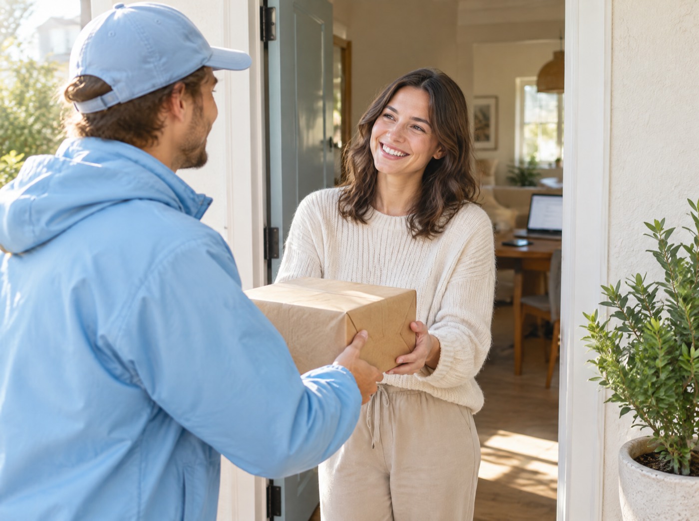 A courier hands a parcel to a smiling customer at the front door