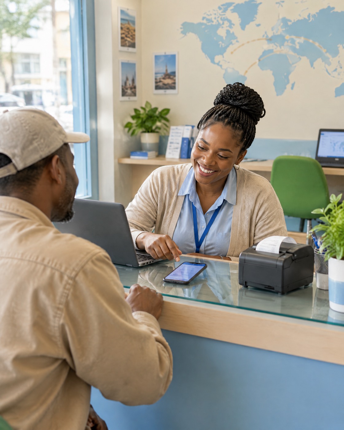 An agent at a neighbourhood money transfer shop helps a customer send money abroad