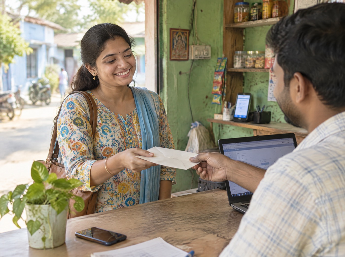 A woman collects a cash payout at a small agent counter in India