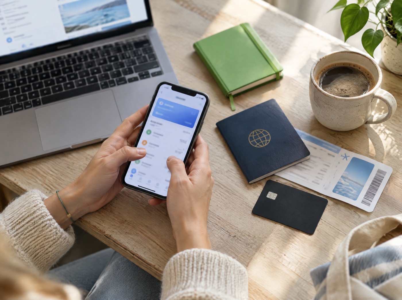 A traveller checks multi-currency balances on her phone next to a passport and boarding pass