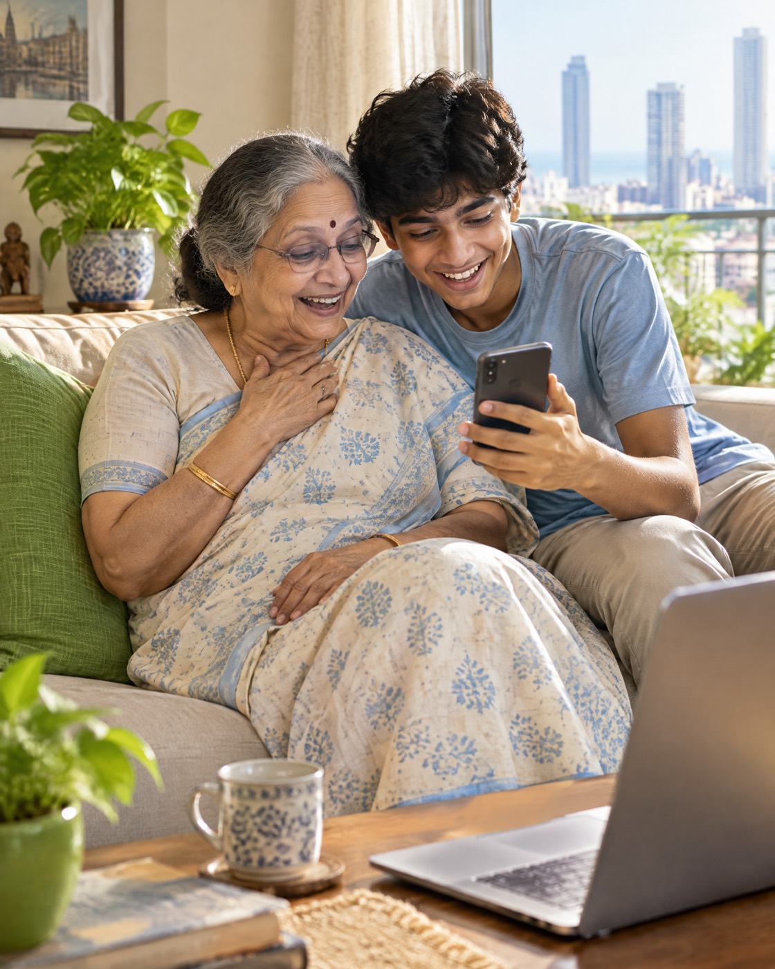 An Indian grandmother smiles as her grandson shows her money that just arrived from abroad on his phone