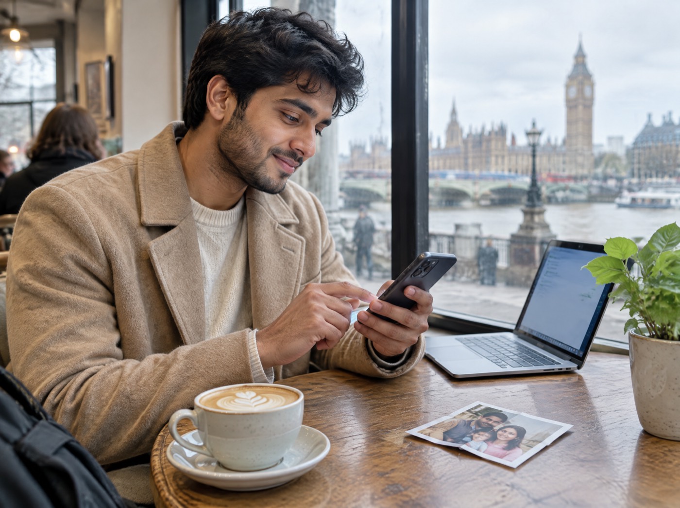 A young man abroad sends money home from his phone at a café window