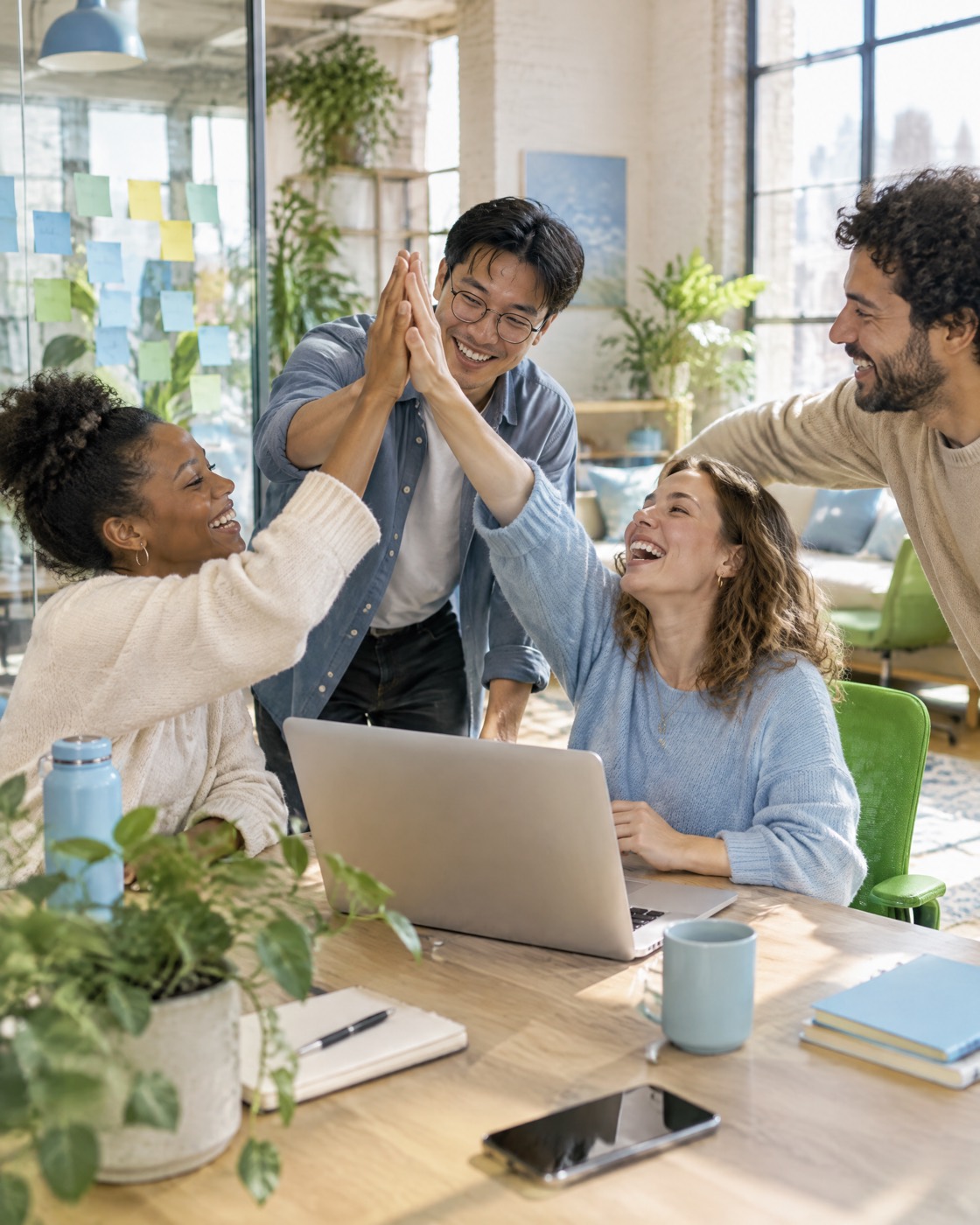 A small software team celebrates around a laptop in a bright office