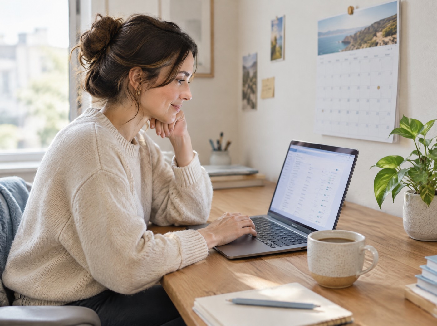 A founder reviews monthly renewals on a laptop at a tidy desk